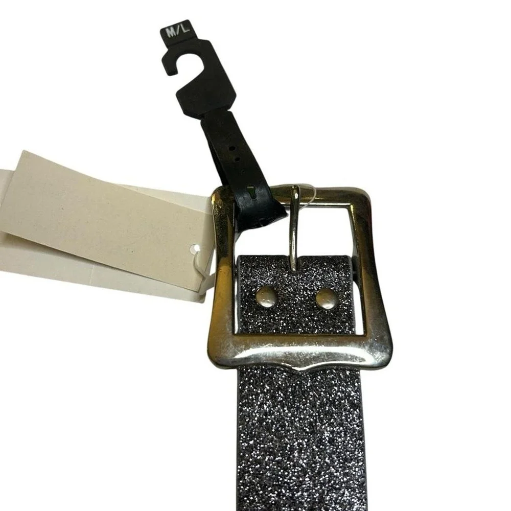 Y2K Silver Glitter Grommet Belt Scene Queen Glam Rock Wide Hip 90s Deadstock 44